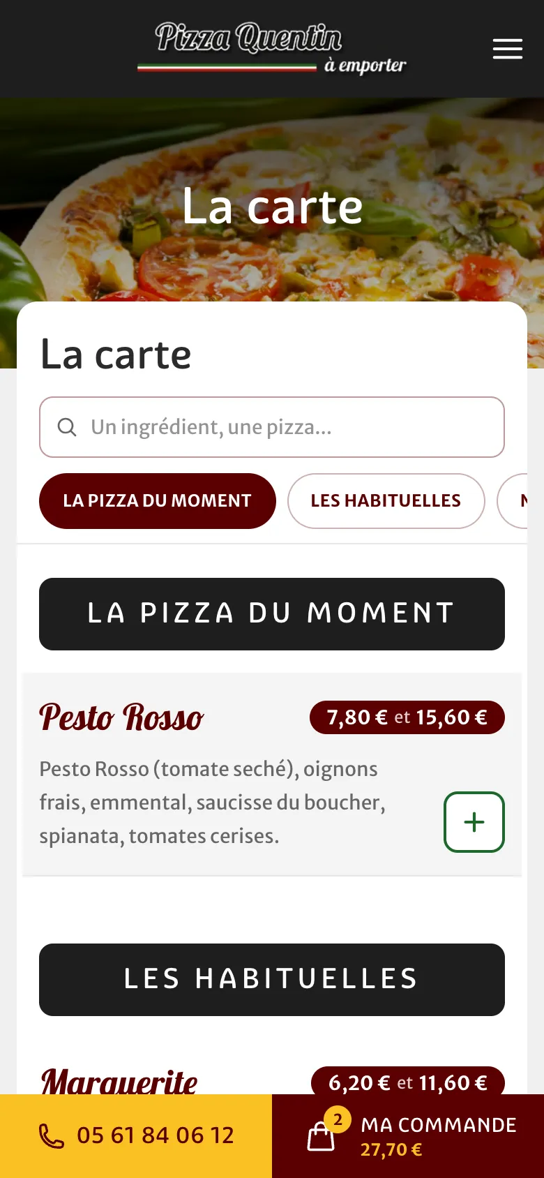 La carte de Pizza Quentin sur mobile, avec la pizza du moment et, en bas de l'écran, les boutons Appeler et Ma commande