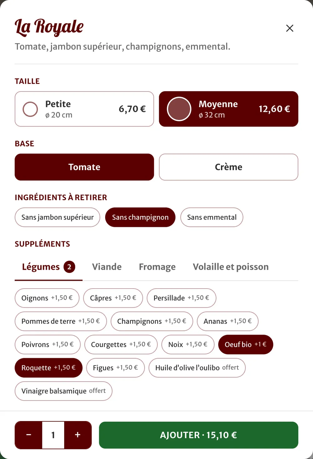 La fenêtre de composition de La Royale sur le site de Pizza Quentin : taille moyenne, base tomate, sans champignon, avec œuf bio et roquette en supplément, pour 15,10 €