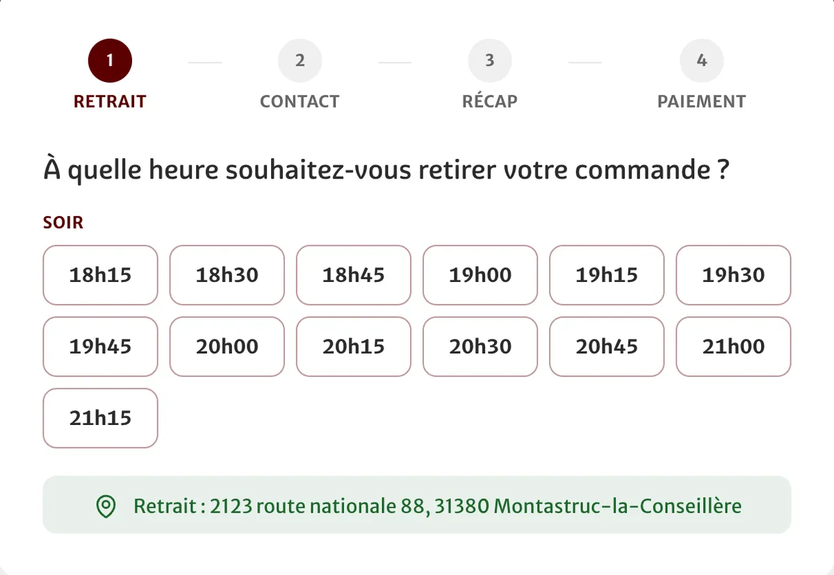 L'étape Retrait de la commande chez Pizza Quentin : les créneaux du soir, de 18h15 à 21h15, au quart d'heure