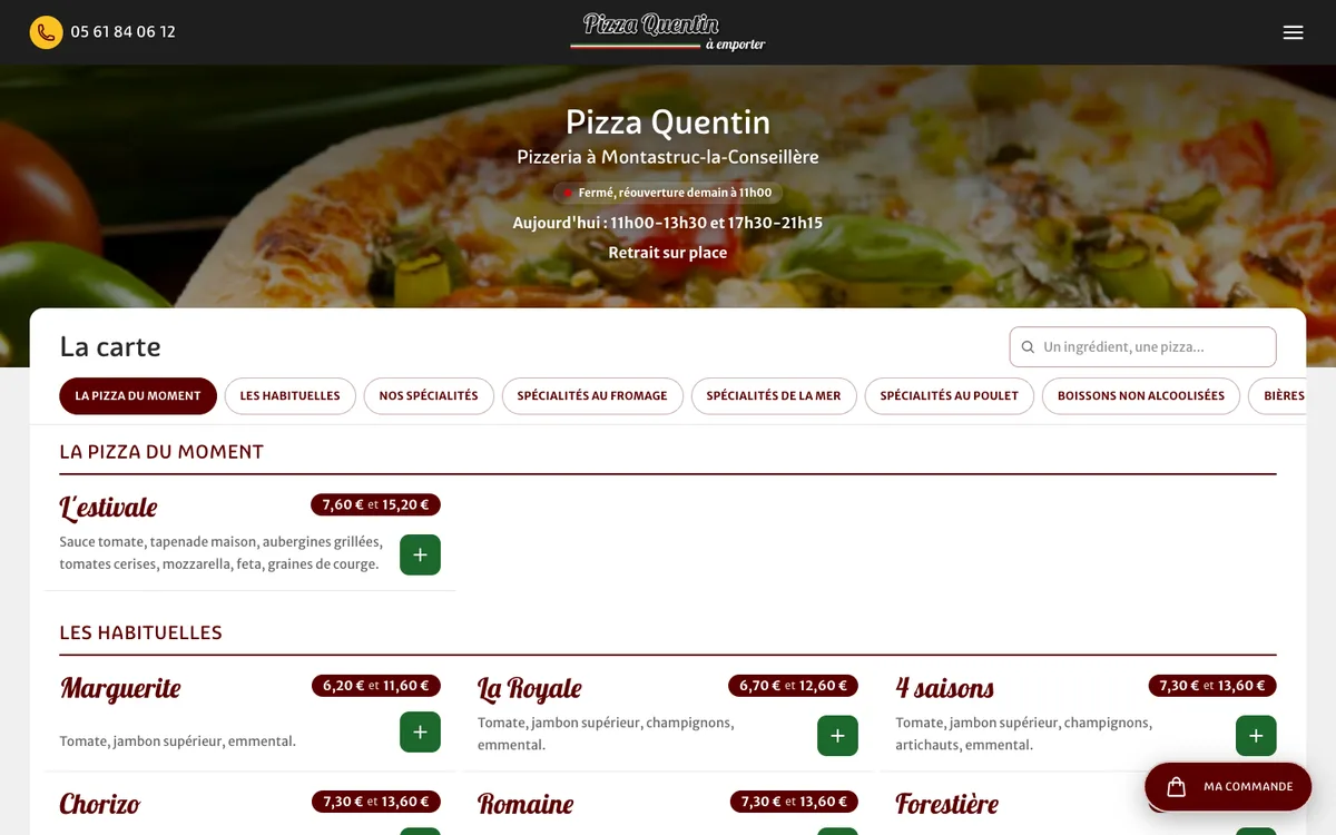 Page d'accueil du site Pizza Quentin