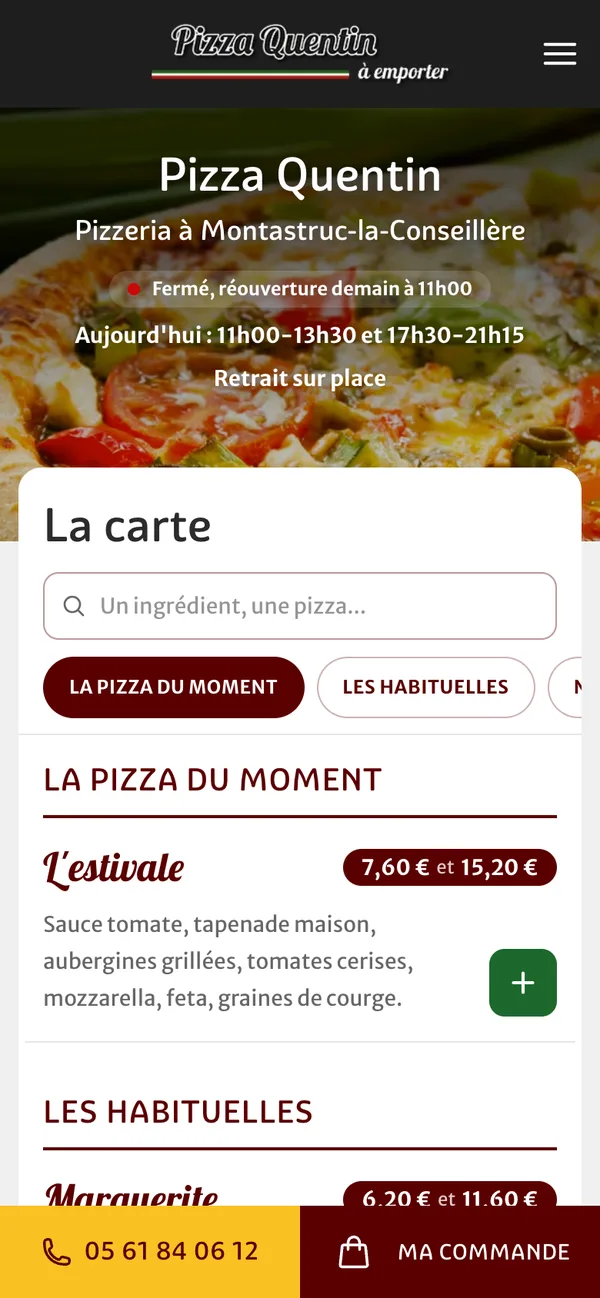 Version mobile du site Pizza Quentin